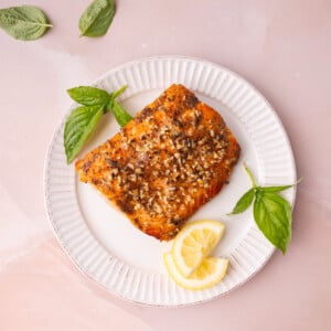 Roasted salmon marinaded with a honey mustard mixture and minced garlic.