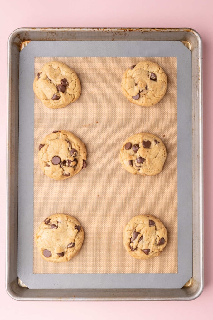 Extra chewy chocolate chip cookies fresh out of the oven.