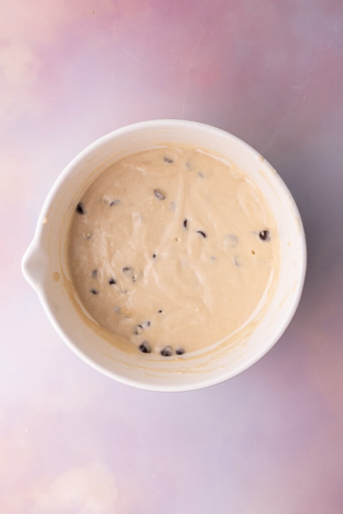 Chocolate chips folded in to waffle batter.