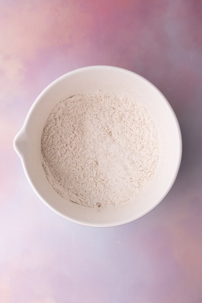 Flour, brown sugar, baking powder, and salt whisked together in a mixing bowl.