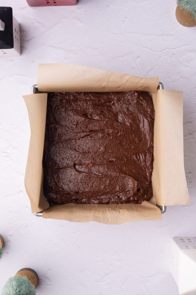Candy cane brownies ready to bake in the oven.