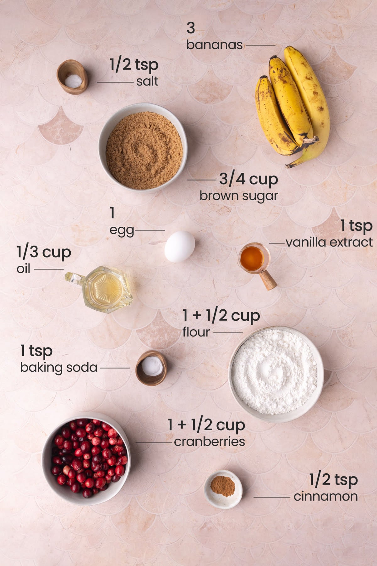 Overhead view of all the ingredients needed for cranberry banana bread - bananas, salt, brown sugar, egg, vanilla extract, oil, flour, baking soda, cranberries, and cinnamon.