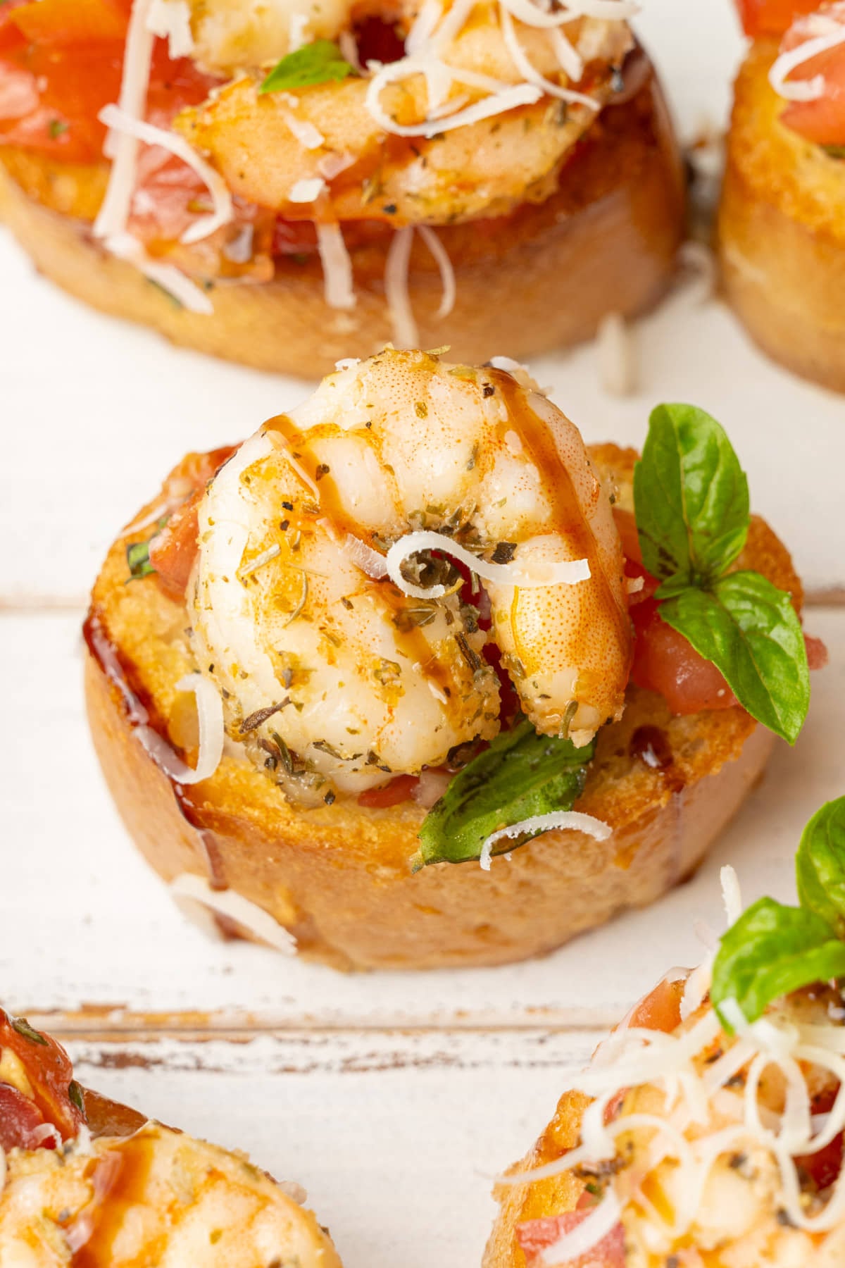 Close up of Shrimp Appetizer with tomato and basil.