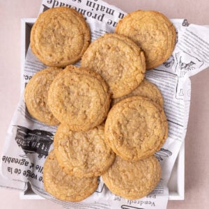 Overhead image of chewy butter crunch cookies made with brown butter and toffee bits.