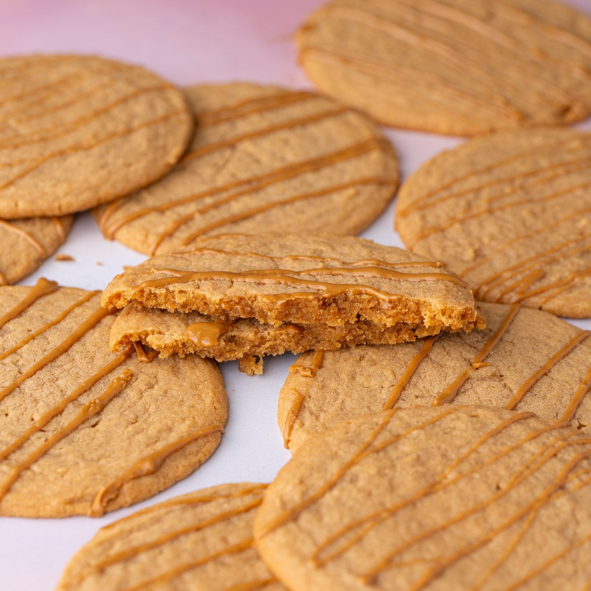 Cookie Butter Cookie Broken in Half to Show Texture Close up of Biscoff cookie butter cookies with the center cookie broken in half so you can see the texture.