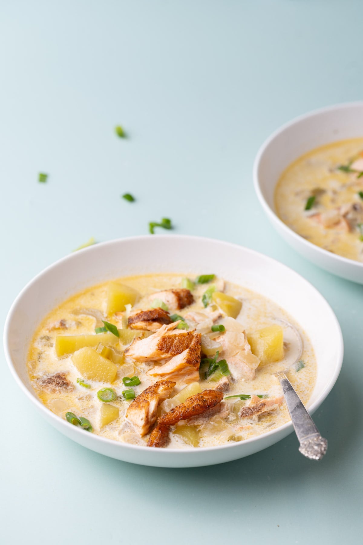 Angled image of a shallow soup bowl filled with Salmon Chowder.