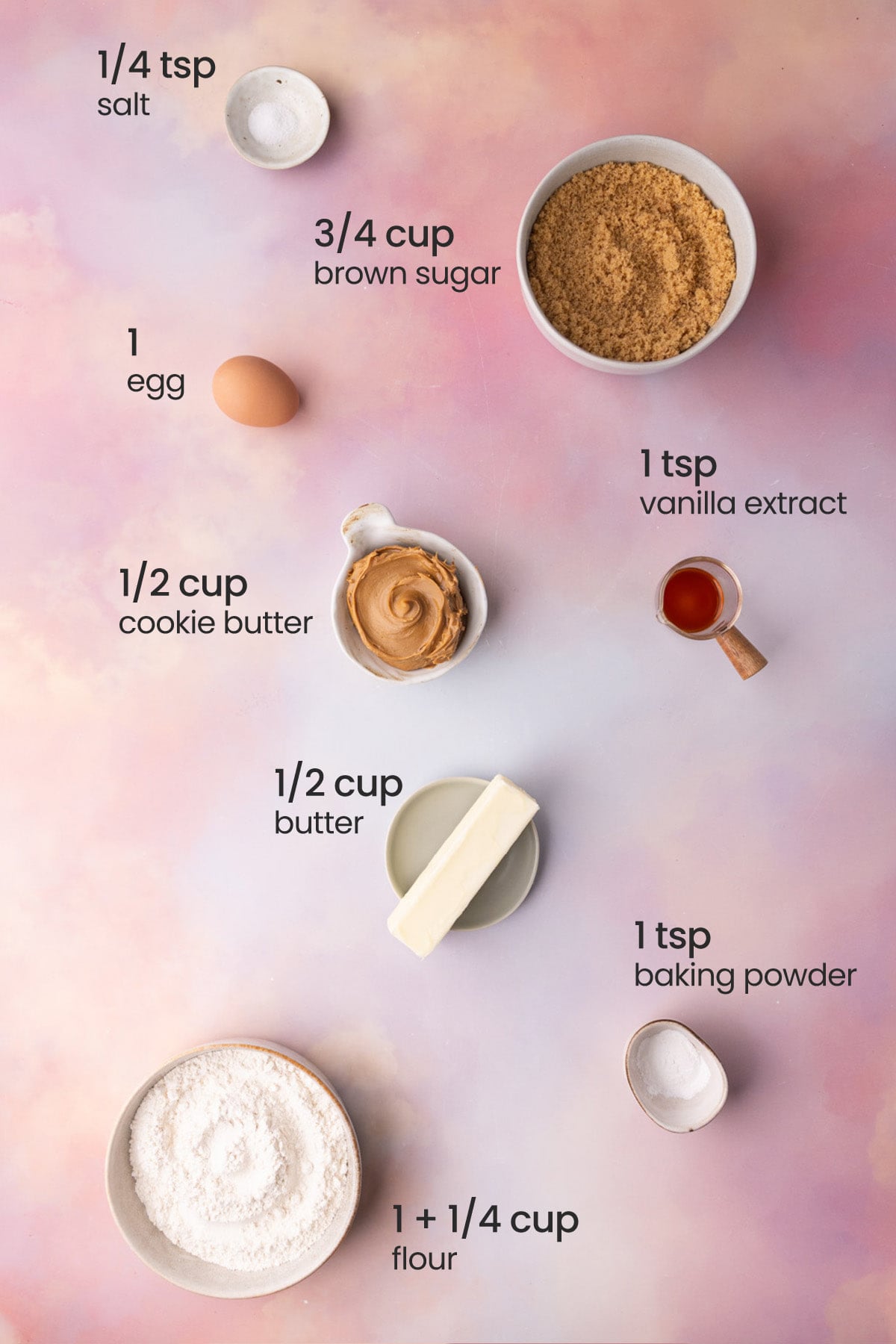 Overhead view of all the ingredients needed for cookie butter cookies - salt, brown sugar, egg, cookie butter, vanilla extract, butter, baking powder, and flour.
