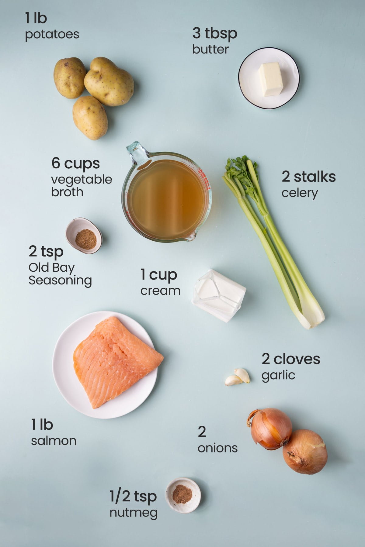 Overhead view of the ingredients needed for One-Pot Salmon Chowder Soup with Old Bay - potatoes, butter, vegetable broth, celery, Old Bay seasoning, cream, garlic, salmon, onions, and nutmeg.