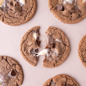 Hot Cocoa Cookie snapped in half with gooey marshmallow pulling between two halves.