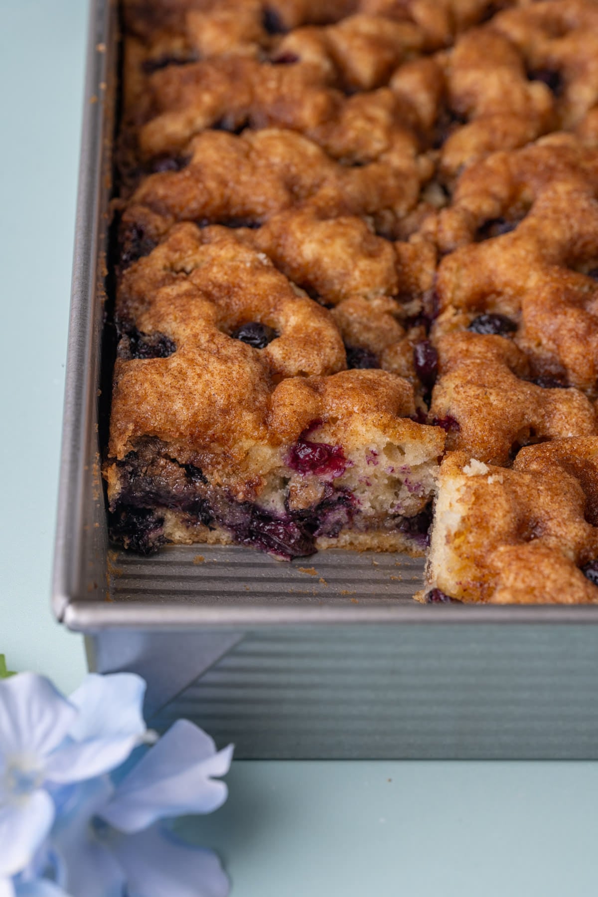 Blueberry coffee cake still in the pan with the corner slice taken out so you can see the layers inside the cake.