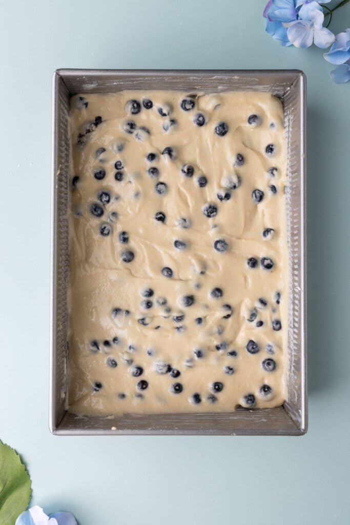 Layer of blueberry cake batter in a large pan.
