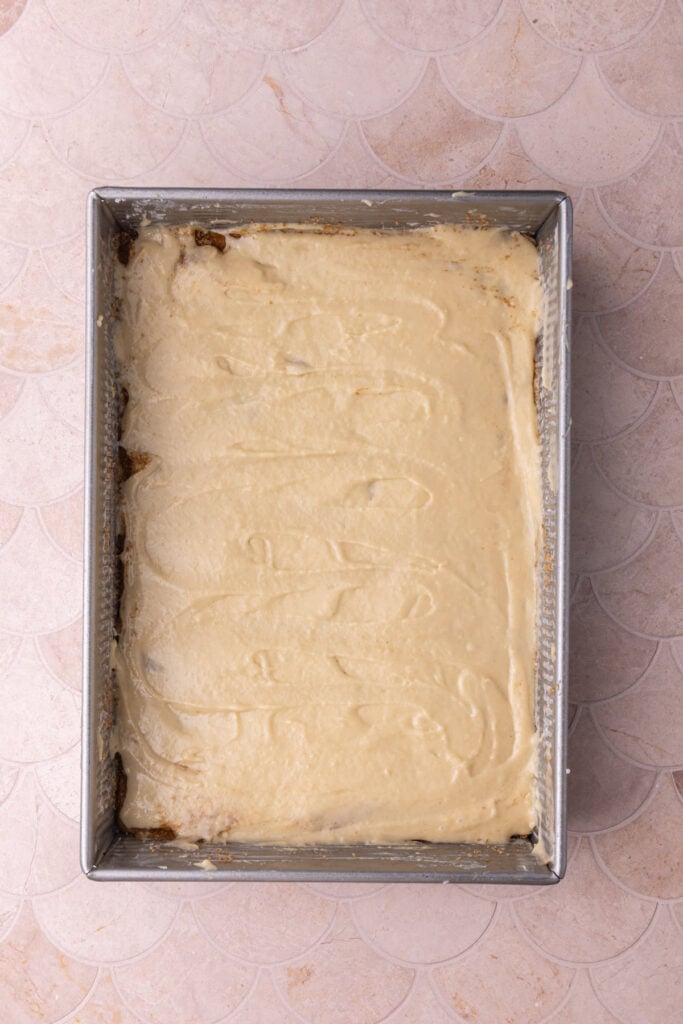 Second layer of cake batter in a pan for coffee cake.