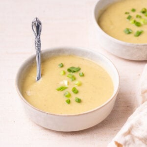 Big, cozy bowl of hot potato leek soup with a spoon set inside and topped with chopped green onion.