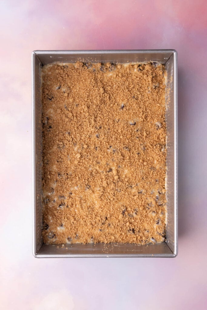 Layer of cinnamon sugar dusted on bottom layer of cake batter to make coffee cake with chocolate chips.