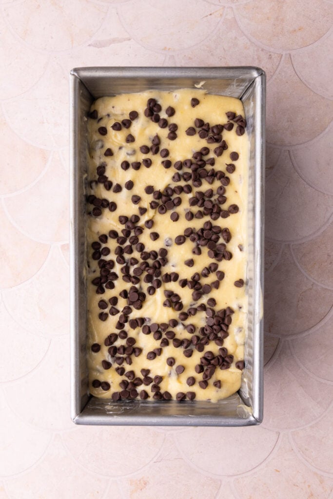 Chocolate chip sour cream pound cake ready for the oven.