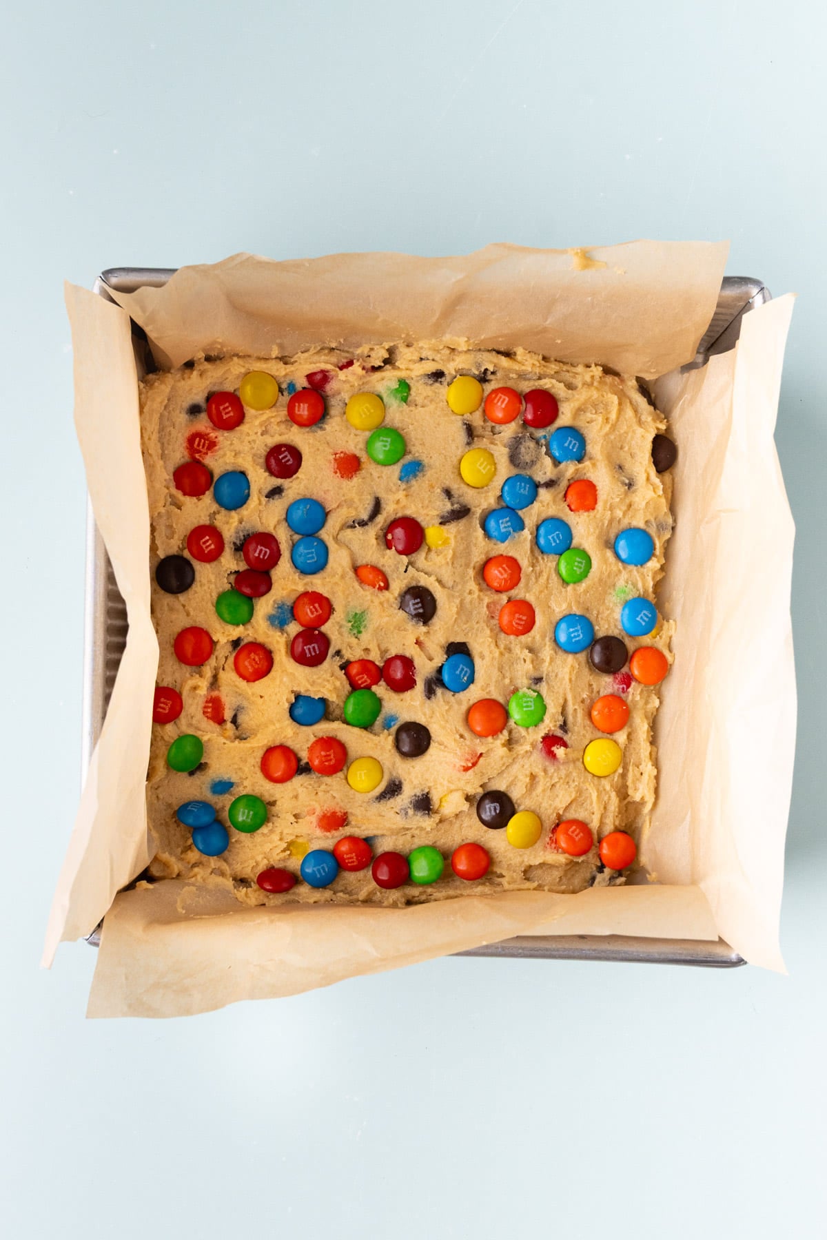 M&M cookie bars ready for the oven.