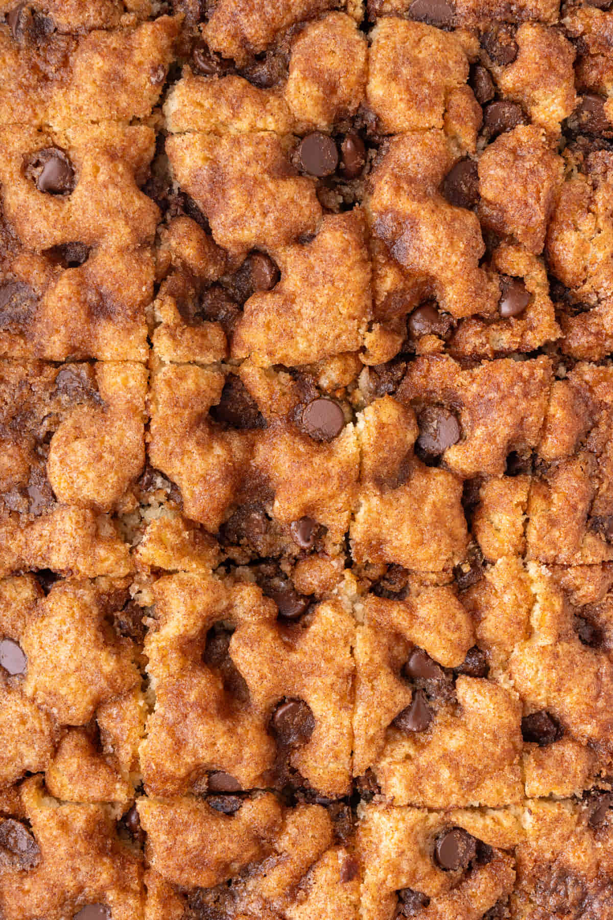 Layered cinnamon sugar coffee cake with chocolate chips baked and sliced into squares.