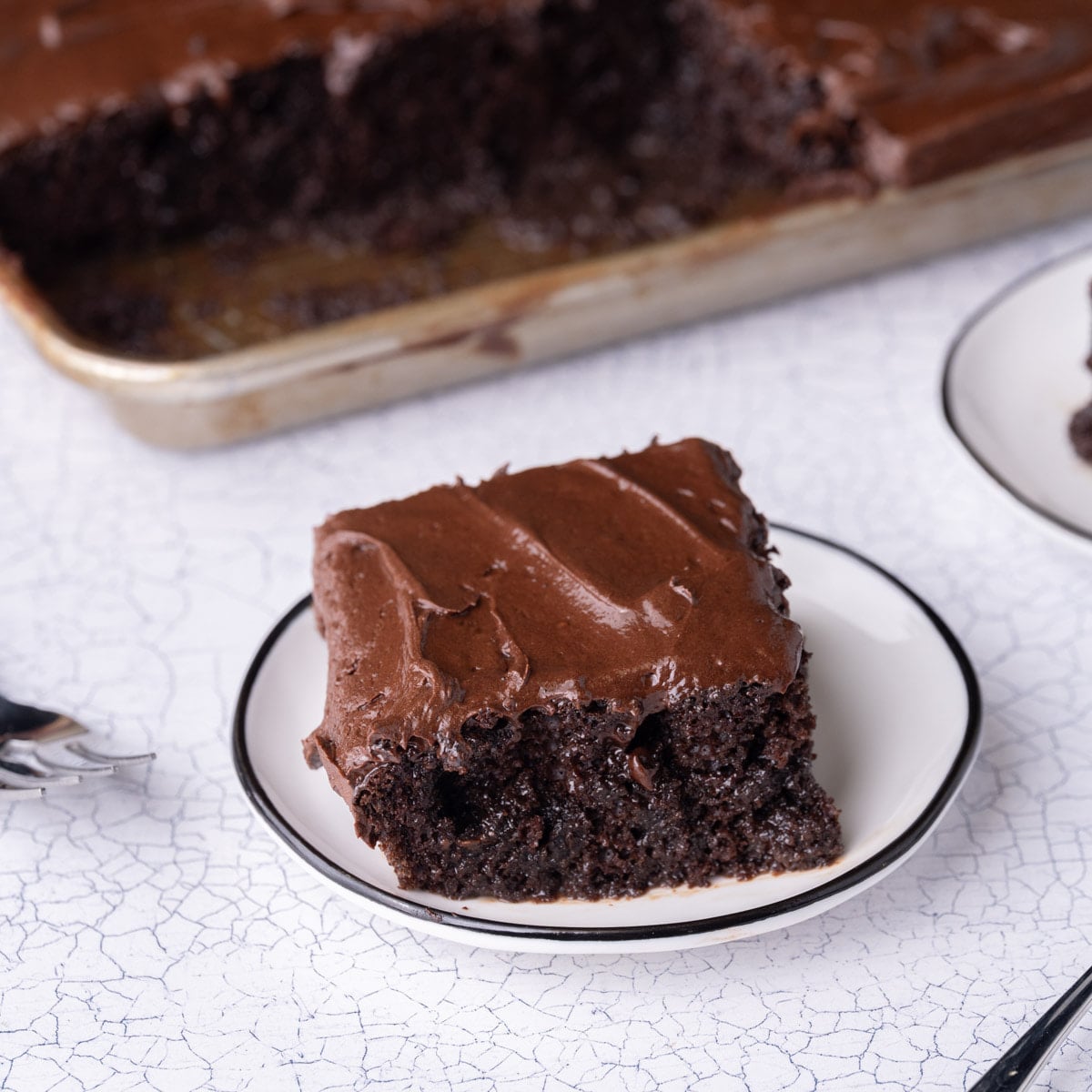 Square Slice of Chocolate Irish Cream Poke Cake Square slice of moist Chocolate Irish Cream poke cake with frosting.