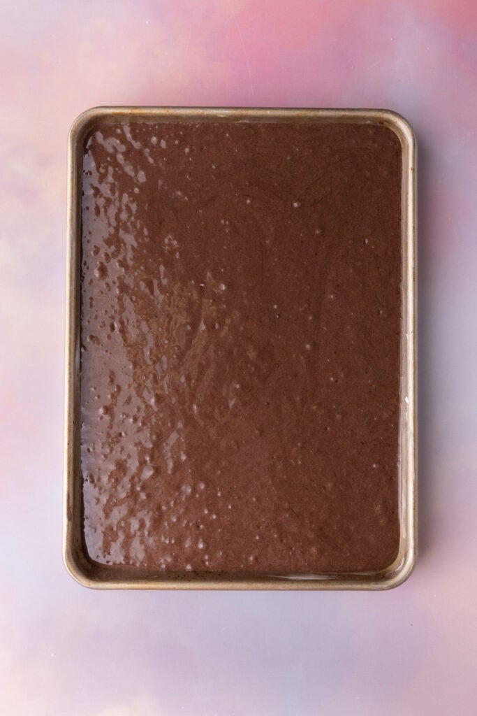 Baking a boxed chocolate cake mix in a 9x13 pan.