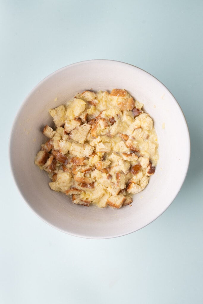 Cubed bread and crushed pineapple mixed into a sweet custard.