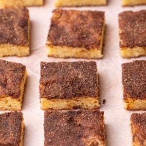 Snickerdoodle cookie bars cut into squares with a generous amount of cinnamon sugar baked onto the bottom and top of the chewy cookies.