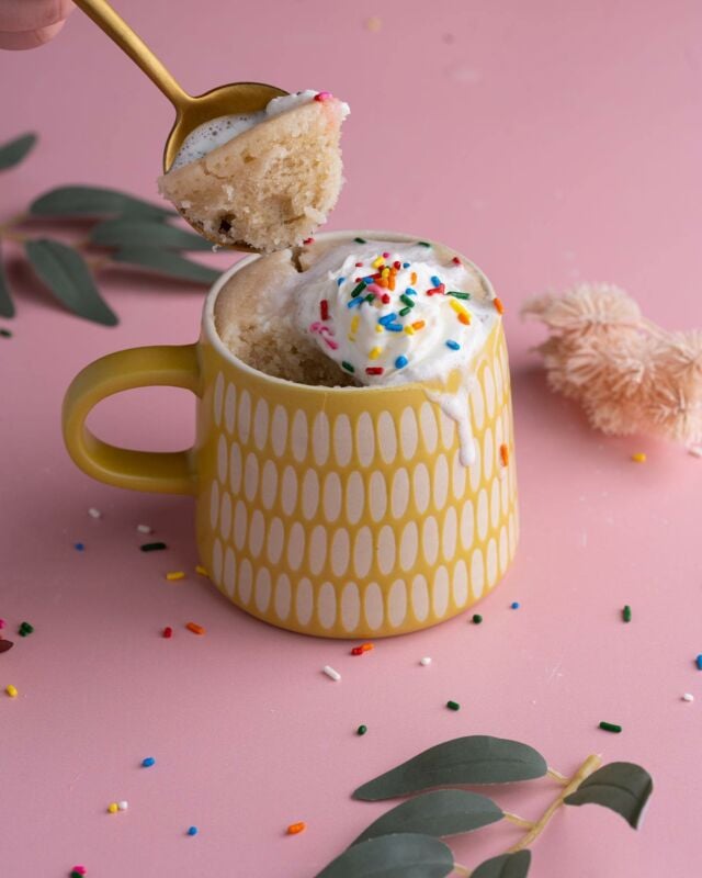 Need a sweet fix without all the hassle? This Vegan Vanilla Mug Cake gives you all the delicious texture and flavor of a classic vanilla cake but comes together in under 5 minutes with ease and little mess. #vanillamugcake #mugcake #microwavecake #singleserve #singleserving #vanillacake