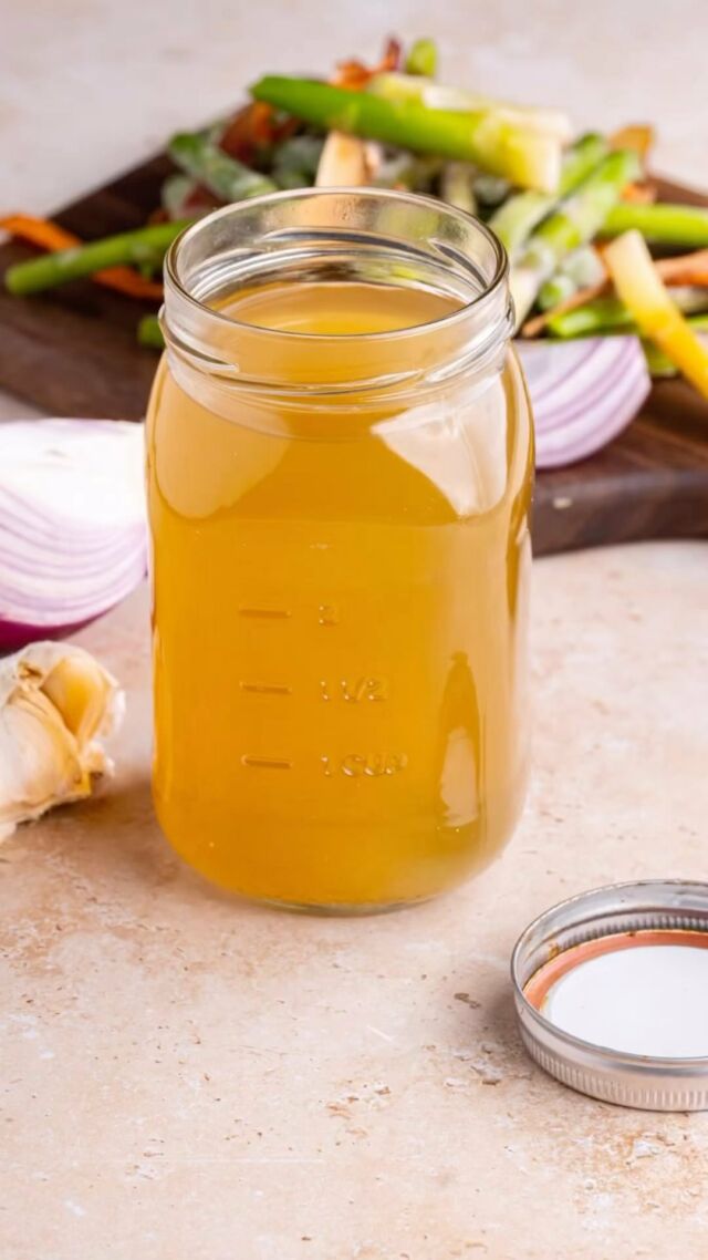 Looking for a resourceful way to use your kitchen scraps? Here’s how to make vegetable broth from veggie scraps, for a thrifty, sustainable, and flavorful broth you will use time and again in a number of different recipes!

Ingredients
Vegetable Scrap Broth
♻️ 1 gallon freezer bag various frozen vegetables scraps
♻️ 3 cloves garlic
♻️ 1 teaspoon salt ♻️ water, as needed
Optional Flavor Boosters
♻️ ½ ounce dried mushrooms
♻️ 1 tablespoon whole black peppercorns
♻️ 1 vegetable bouillon cube
♻️ ¼ teaspoon cayenne pepper or crushed red pepper
♻️ 1 tablespoon miso paste

Method
♻️Save veggies scraps from the kitchen in a gallon freezer-safe bag (consider a reusable storage bag for a more sustainable option!) for up to 6 months or until the bag is full.  ♻️ To a large pot, add the vegetable scraps, garlic, and salt. If you are adding any optional flavor boosters, add those now, too. Pour water over top until the vegetables are completely submerged and some scraps start to float.  ♻️ Bring to a boil, cover, and bring heat down so it is just simmering. Simmer covered for 30 minutes. ♻️ Use a sieve to remove the vegetable scraps from the broth first.  ♻️ Then, pour the broth through a sieve to strain any smaller vegetable scraps left in the broth. ♻️ Store the vegetable scrap broth in a large glass jar in the refrigerator for up to 4 days or the freezer for up to 3 months. Allow it to cool before sealing the jar.
#kitchenscraps #veggiescraps #vegetablebroth #sustainablekitchen #ecokitchen #foodwastewarriors #sustainability