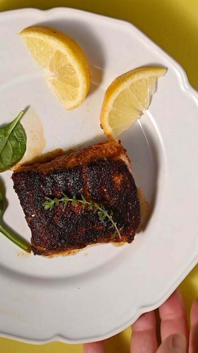 This Blackened Cod recipe uses a flavorful spice blend to form a crispy outer layer on the soft and flaky fish, all in 20 minutes or less!

Ingredients
-8 ounces cod (in individual 4 ounce portions)
-1 tablespoon paprika
-2 teaspoons onion powder
-½ teaspoon garlic powder
-½ teaspoon ground black pepper
-½ teaspoon salt
-½ teaspoon cayenne pepper
-¼ teaspoon dried oregano
-¼ teaspoon dried thyme -3 tablespoons extra virgin olive oil or coconut oil

Method
 
-Pat dry your cod with paper towels (use these bamboo paper towels for a more sustainable option!) and set aside. -Discard the paper towels and wash your hands. -In a shallow bowl, mix together paprika, onion powder, garlic powder, ground black pepper, salt, cayenne pepper, oregano, and thyme. -Press cod into seasoning and flip, coating the fish completely with blackening seasoning on both sides.  -Add the oil to a cast-iron skillet (preferred) or nonstick pan and turn the stove on to medium heat to get the oil nice and hot.  -Once your oil is hot, carefully drop the season-coated cod into the pan one at a time, leaving about an inch of space in between. Cover to avoid hot oil splatter. -Cook for about 5 minutes on each side. You’ll know your fish is ready to flip if it easily peels off your pan.  -If it’s stuck, let it cook for another minute or so until it releases from the pan. -The internal temperature of cod should reach 125°F when it is fully cooked. It will be white in color and flaky.
#blackenedcod #pescatarian #fishdinner #cod #seafood #freshfish