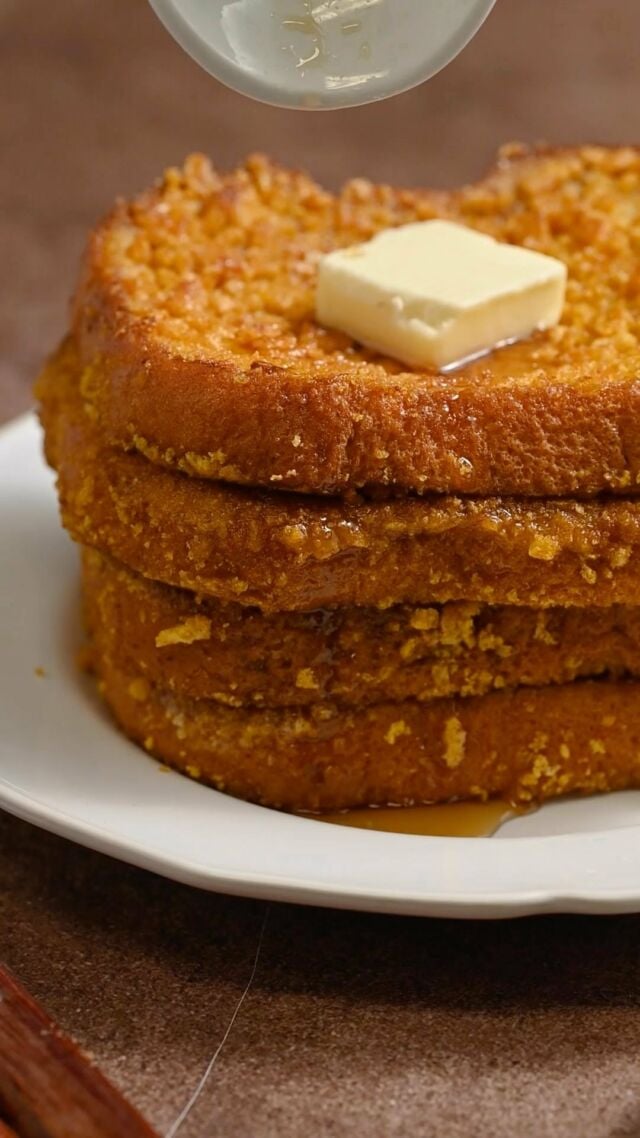 Your favorite crunchy, sweet treat cereal makes the perfect coating for buttery brioche in this crispy pan-fried Captain Crunch French Toast.

Ingredients
❤️4 slices  brioche
❤️3 large eggs
❤️¼ cup milk, half and half, or cream
❤️1 teaspoon vanilla extract
❤️½ teaspoon cinnamon
❤️1 ½ cups Captain Crunch cereal, crushed
❤️4 tablespoons unsalted butter
Instructions
❤️Whip egg, milk, vanilla extract, and cinnamon together until combined.
❤️Crush Cap’n Crunch and put it in a separate bowl.
❤️Dip one slice of bread at a time, first into the egg mixture, and then into the cereal. Make sure it is coated well.
❤️Transfer coated brioche to a frying pan over medium heat with butter. Start with 2 tablespoons of butter and add more as needed. The pan should always be buttery to get your outer layer crispy.
❤️Flip after about 2 minutes and repeat for all 4 slices of bread. Keep warm in the oven at 200°F until ready to serve.
#capncrunch #frenchtoast #breakfastrecipes #brunchrecipes #brunchgoals