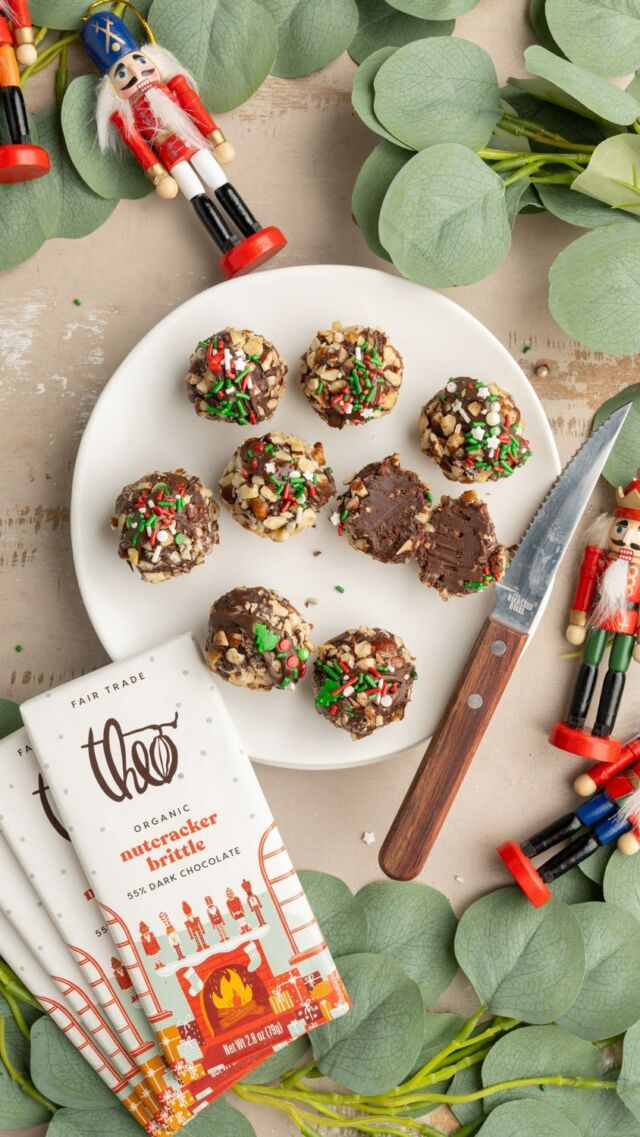 These decadent 5-Ingredient Chocolate and Hazelnut Truffles are the ultimate Holiday treat with a crunchy crushed Hazelnut exterior and melt-in-your mouth center made with @theochocolate Nutcracker Brittle bars! Made from hazelnuts and sweet brittle pieces in 55% Organic, Fair Trade, Non-GMO Dark Chocolate, Theo’s Nutcracker Brittle brings the magic to your Holiday dessert table.  Each ingredient is handpicked to guarantee highest quality, producing chocolate that leaves a positive impact on both our taste buds and our planet. #ad #TheoChocolate #Organic #FairTrade

Find the easy recipe for these truffles below: 

Ingredients
-8.4 ounces (3 bars) @theochocolate Nutcracker Brittle
-1/2 cup heavy whipping cream
-1 tablespoon unsalted butter
-2.5 ounces chopped Hazelnuts
-extra 1/2 ounce of melted Nutcracker Brittle and Christmas sprinkles (optional for decorating)

Method
-Over a double boiler, heat the cream and butter together until the butter melts into the cream and it begins to simmer.
-Meanwhile, finely chop your chocolate and add it to a large mixing bowl.
-Pour simmering cream and butter over the chopped chocolate and whisk until chocolate is melted.
-Cover with a clean kitchen towel and place in the refrigerator to cool and solidify—about 2 hours.
-Scoop out about 2 teaspoons worth of the chocolate truffle mixture and place on a baking sheet. Put back in the refrigerator for 15 minutes to make them easier to shape. 
-Roll the truffles into balls and then roll the balls in the chopped hazelnuts to coat. Pro tip: coat your hands in cocoa powder to avoid the truffles sticking too much to your hands. 
-Optional: Melt the additional 1/2 ounce of Nutcracker brittle to drizzle on top. Add your festive sprinkles to the melted Chocolate while it’s still hot. 
-Serve immediately or store in the refrigerator until ready to enjoy (these truffles will last up to a month!). Enjoy!