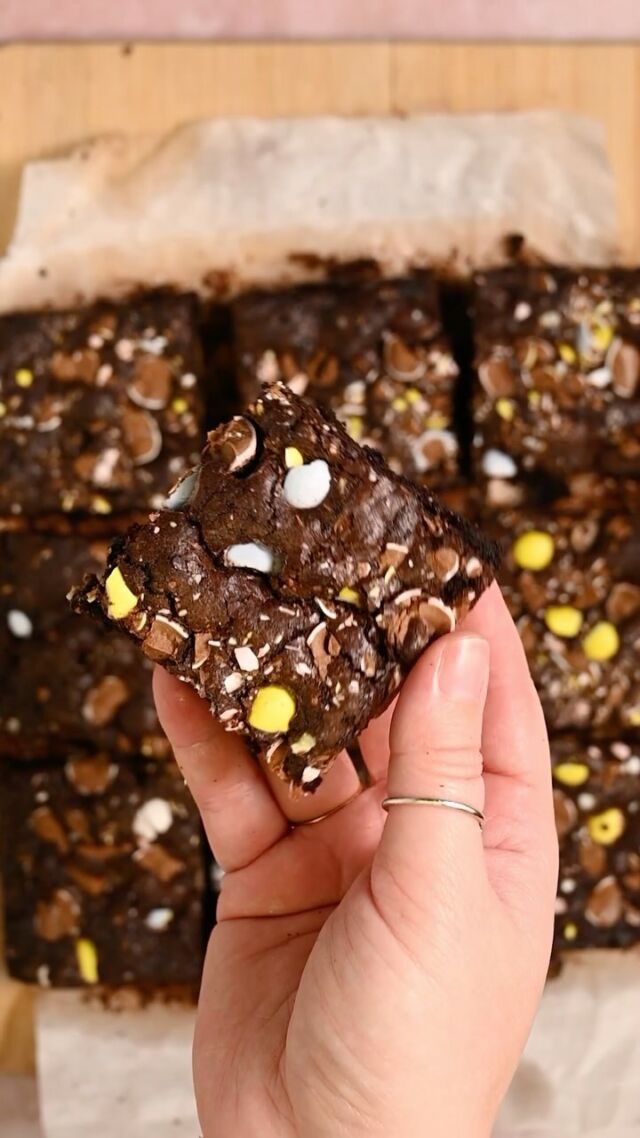 These Cadbury Mini Egg Brownies last about 5 minutes before being devoured every year in my house! The fun, crunchy, candy-coated chocolates add a welcomed texture (and color!) to the fudgy brownies.

Ingredients 🐰½ cup (1 stick) unsalted butter, softened
🐰 1 ¼ cup granulated sugar
🐰 2 tablespoons oil (coconut, canola, vegetable, or grapeseed)
🐰2 large eggs
🐰 2 teaspoons vanilla extract
🐰 ½ cup all-purpose flour
🐰 ¼ teaspoon salt
🐰 ½ cup unsweetened cocoa powder
🐰 2 cups Cadbury Mini Eggs
Method
🐰 Preheat your oven to 350°F and line or spray a 9 x 9-inch square pan with parchment paper.
🐰 Use a very sharp knife to chop or add 2 cups of Cadbury Mini Eggs to a storage bag and use a rolling pin to crush.
🐰 In a large mixing bowl, cream together the butter, oil, and sugar with a hand mixer on high until the mixture is smooth. 🐰 Add eggs and vanilla extract and mix again until combined.
🐰 Next, add your flour, cocoa powder, and salt and mix again until well-combined, making sure your batter is smooth and free of clumps.
🐰 Fold in roughly half of your crushed eggs, reserving the rest. Use a spatula to help with transferring your batter to your prepped pan.
🐰 Add the remaining Cadbury Mini Eggs on top of the brownie batter. Bake for 30-35 minutes. Allow the brownies to cool before slicing. Enjoy!

#cadbury #minieggs #cadburyminieggs #minieggbrownies #bestbrownies #brownierecipe #bakingfromscratch #easterbaking #springbakin g #springdessert