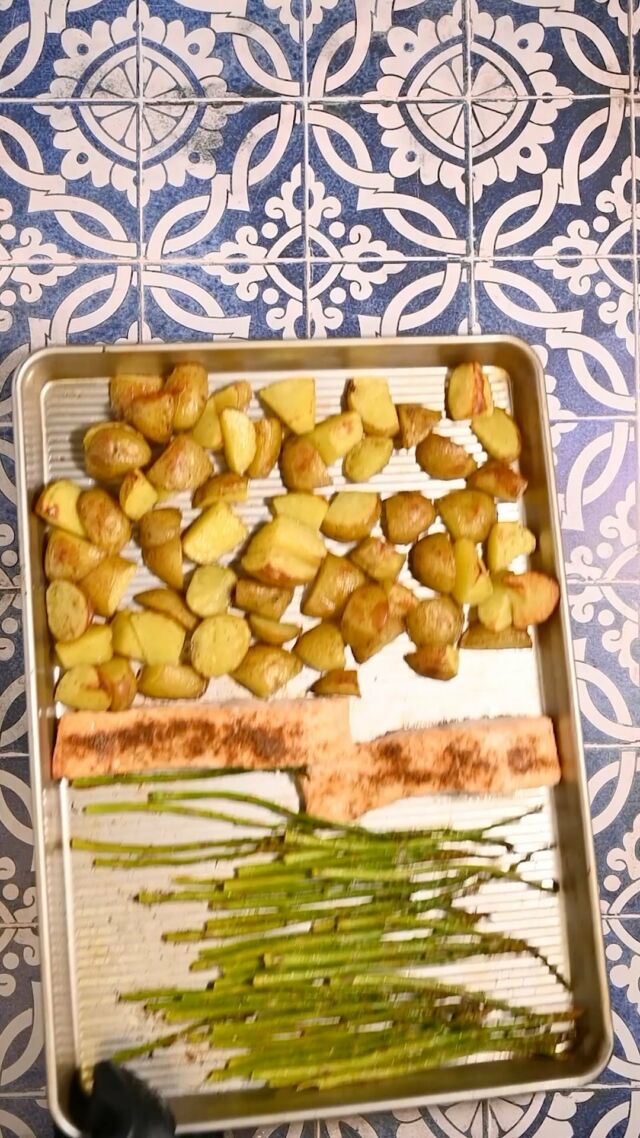 Looking for a delicious and nutritious dinner in a flash? This Sheet Pan Salmon with Asparagus and Potatoes is a simple but mighty meal that requires just one baking sheet, 6 ingredients, and under 30 minutes.

Ingredients
-4 ounces honey gold potatoes
-1 pound asparagus
-10 ounces salmon
-2 tablespoons olive oil
-½ teaspoon Old Bay Seasoning
- tablespoon lemon juice

 Method
-Preheat your oven to 425°F.
-Prep your vegetables by snapping off the “woody” ends of the asparagus and chopping your potatoes into bite-sized wedges that are roughly equal in size.
-Prep your salmon by patting it dry with paper towels (try these bamboo paper towels for a more sustainable option!).
-Add the olive oil and Old Bay seasoning to the asparagus, potatoes, and on top of the salmon in a roughly even layer. For best results, use clean hands to toss the vegetables in the oil and seasoning and to smooth the seasoning and oil over the salmon.
-Add the potatoes to the baking sheet and roast on the top rack for 10 minutes.
-Meanwhile, add the lemon juice to the asparagus and salmon.
-After 10 minutes, remove the potatoes from the oven and toss. Then, add the asparagus and salmon (skin side down) to the sheet pan with the half-roasted potatoes.
-Roast on the top rack for an additional 12-15 minutes until the internal temperature of the salmon reaches 125°F. Enjoy!