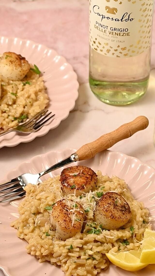 If you want an elegant home cooked meal that uses simple, quality ingredients and requires just one pot, this Scallop Risotto paired with @caposaldowine Pinot Grigio is for you! #caposaldopartner The name Caposaldo means “benchmark” in Italian. Caposaldo wines are the benchmark for quality in winemaking. It’s an affordable line of Italian wines including Prosecco, Chianti, Pinot Grigio, and Moscato, all at friendly prices. The crisp Pinot Grigio with notes of white fruit, flowers, and almonds is perfect both in the risotto, and served with it.  Grab the full recipe below and find a Caposaldo Wines retailer near you! #caposaldo #caposaldowine

Scallop Risotto with Lemon
-½ pound sea scallops
-½ teaspoon salt
-½ teaspoon black pepper
-2 tablespoons unsalted butter
-2 tablespoons lemon juice
-4 cloves garlic, minced
-1 large shallot, diced
-1 cup arborio rice
-¼ cup @caposaldowine Pinot Grigio
-4 cups vegetable broth
-½ cup grated Parmesan
-2 tablespoons chopped parsley (optional)

Method
-Pat your scallops dry with a paper towel and season both sides with a pinch of salt and pepper.
-Get the butter hot in the pan for about 3 minutes over medium-high heat and add your scallops and 1 tablespoon of lemon juice.
-Sear the scallops for about 2 minutes on both sides. Then, remove them, leaving the lemon butter in the pan.
-Add the garlic and shallot to the lemon-y butter still over medium-high heat. Stir and cook until fragrant.
-Add the rice, remaining salt and pepper, and Pinot Grigio. Cook, stirring occasionally, until almost all of the wine is absorbed.
-Meanwhile, heat your vegetable broth in the microwave on high for 3 minutes to warm it up.
-Add ½ cup of warm broth to the rice, still over medium-high heat. Stir continuously until most of the broth is absorbed. Then, repeat this process, adding the broth ½ cup at a time, stirring continuously each time, until all 4 cups of broth are absorbed by the rice. If it’s still too firm, you can slowly add up to ½ cup water.
-Once the rice is cooked, remove it from the heat. Add the Parmesan, remaining lemon juice, and chopped parsley.
-Serve the risotto with the seared scallops and a glass of @caposaldowine Pinot Grigio.