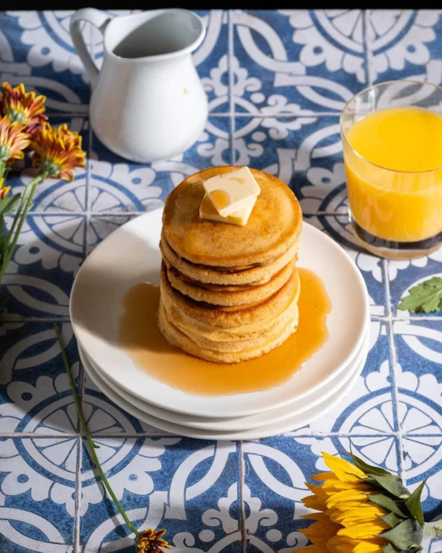 These homemade pancakes without milk use a naturally dairy-free pancake batter to bring you delightfully fluffy pancakes with a crispy golden-brown exterior.
-1 cup all-purpose flour
-2 teaspoons baking powder
-2 tablespoons brown sugar
-½ teaspoon salt
-1 large egg
-1 teaspoon vanilla extract
-½ to ¾ cup water
-3 tablespoons unsalted butter (plant-based or regular) for frying

-In a large mixing bowl, whisk together the flour, baking powder, brown sugar, and salt until combined with no lumps.
-Add the egg, vanilla extract, and ½ cup of water and whisk until smooth. Assess the consistency. It should resemble a cake batter, thin enough to easily run off the whisk. If you like thinner pancakes, you can add up to another ¼ cup of water.
-Add your pancake batter to a measuring cup or any cup with a spout and handle to make for easier pouring.
-Add butter to your griddle or pan (use vegan butter if keeping it all dairy-free) and allow it to heat up on medium-high until the butter is melted. For the thickest, most perfectly round pancakes, use pancake molds. Pour batter into your molds or freeform circles onto the pan and cook over medium heat.
-When it’s ready to flip, the batter on the uncooked side will start to form little air bubbles. Use a spatula to flip the pancakes, and allow them to cook on the other side for 2-3 minutes.
-Repeat steps 4 and 5 until the pancake batter is used up, adding butter before each batch to keep your griddle greased. Serve warm with maple syrup. #homemadepancakes #breakfastidea