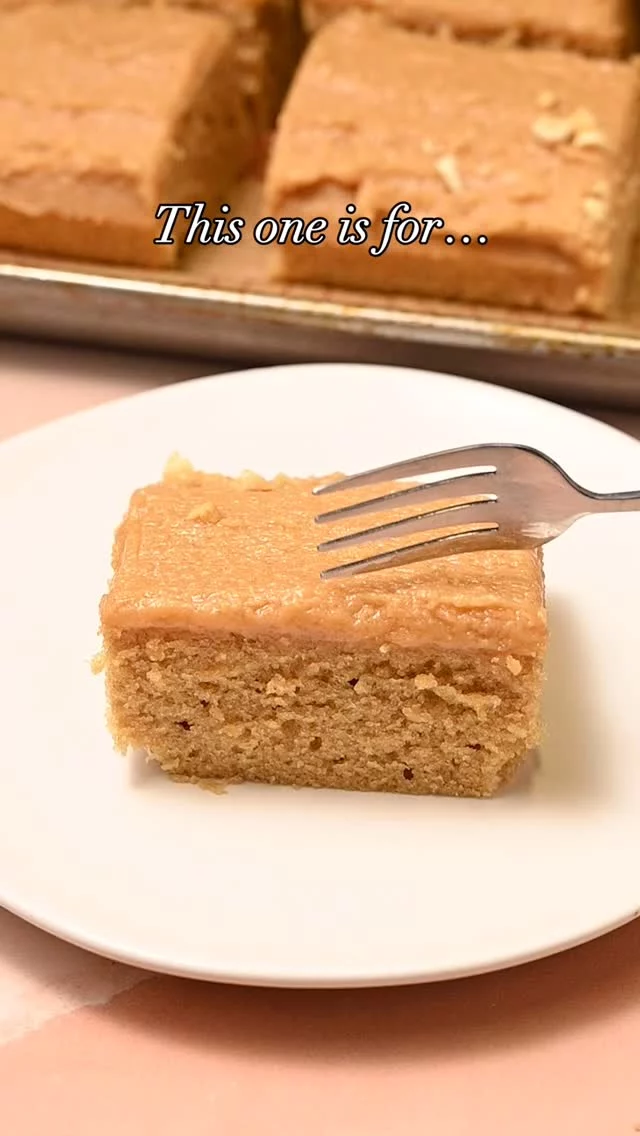 This moist and fluffy peanut butter sheet cake boasts a bold nutty flavor, perfectly balanced between salty and sweet. Just one bowl and a sheet pan required!

Peanut Butter Sheet Cake
-¾ cup vegetable oil (or canola oil)
-¾ cup smooth creamy peanut butter(use one that doesn’t separate and require stirring, my go-to here is Jif)
-1 cup light brown sugar (tightly packed)
-3 large eggs
-2 teaspoons vanilla extract
-1 ¼ cup milk of choice 
-2 cups all-purpose flour
-2 tablespoons cornstarch
-3 teaspoons baking powder

-Preheat the oven to 350°F and line a 9×13-inch sheet pan with parchment paper.  -To a large mixing bowl, add the oil, peanut butter, and brown sugar and cream together with hand mixer on high.  -Add the eggs and beat again to combine. 
-Add the vanilla extract and milk and mix on low until smooth. 
-Add the flour, cornstarch, and baking powder and beat one last time until smooth. Use a rubber spatula to push in any dry ingredients clinging to the sides of the bowl. 
-Transfer the batter to your prepared sheet pan and use a spatula to spread it out into all four corners. The batter should be in a roughly even layer.  -Bake on the top rack for 25-30 minutes until a toothpick comes out clean. Cool completely before frosting. Sharing my peanut butter cream cheese frosting tomorrow ❤️