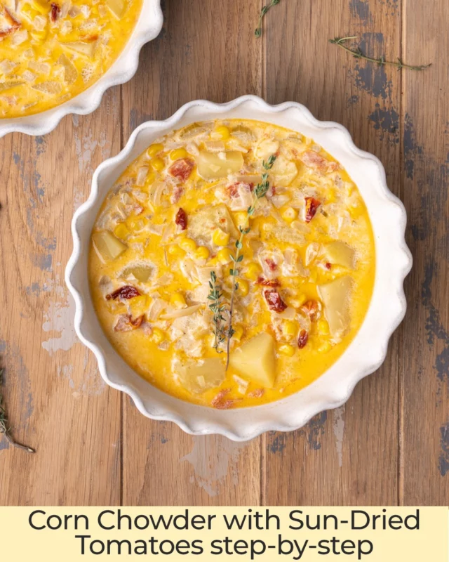 This simple corn chowder with potatoes comes together in under an hour and in one pot, with bold flavor from sun-dried tomatoes, subtle sweetness from corn, and a velvety, creamy, broth. You’ll love this warming vegetarian soup!

Simple Corn Chowder with Potatoes (Vegetarian!)
-2 medium yellow onions
-2 stalks celery
-¼ cup sun-dried tomatoes in olive oil
-2 tablsepoons unsalted butter
-1 tablespoon olive oil from sun-dried tomato jar
-¼ teaspoon salt
-¼ teaspoon black pepper
-1 pound Yukon Gold potatoes
-1 (15-oz) can corn
-4 cloves garlic
-4 cups vegetable broth
-¼ teaspoon nutmeg
-1 cup heavy cream

-Peel, core, and dice the yellow onion, dice the celery, and dice the sun-dried tomatoes. Add all three to a large pot with olive oil from the sun-dried tomatoes jar, salt, pepper, and butter. Sauté for 5-7 minutes over medium heat, stirring occasionally until the onions are tender.
-Meanwhile, peel the potatoes, chop them into bite-sized pieces, and rinse them. Drain the canned corn and peel and mince the garlic. Once the onions are tender, add the broth, potatoes, corn, garlic, and nutmeg. Bring it to a boil, then cover and reduce heat. Simmer, stirring occasionally, until the potatoes are fork tender (usually 25-30 minutes).
-Remove from heat and stir in the cream. Serve hot and enjoy!

Comment “inbox” to have recipe link sent directly to you https://marleysmenu.com/simple-corn-chowder-with-potatoes-vegetarian/