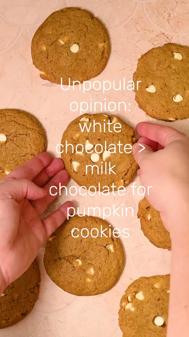 These chewy Pumpkin White Chocolate Chip Cookies are perfectly spiced and studded with creamy white chocolate chips for the ultimate Fall cookie. One bowl and 25 minutes!

-½ cup unsalted butter, melted
-⅓ cup pumpkin puree
-1 teaspoon vanilla extract
-1 cup light brown sugar (tightly packed)
-1 ½ cup all-purpose flour
-½ teaspoon baking soda
-1 teaspoon salt
-2 teaspoons pumpkin pie spice
-¾ cup white chocolate chips

-Preheat the oven to 350°F and line a large baking sheet with parchment paper or a silicon baking mat. Melt the butter in the microwave in 30 second intervals, stirring in between, until liquified.
-Add the pumpkin puree to a large mixing bowl and spread it out into a thin layer. Blot the pumpkin with a paper towel to soak up excess moisture. Repeat 3 more times, so that you use 4 paper towels in total. This is imperative to getting chewy cookies.
-Add the melted butter, sugar, and vanilla extract to the dried pumpkin puree and whisk to combine. If you're using a hand mixer, use it on low. It's important not to overmix.
-Add the flour, baking soda, salt, and pumpkin pie spice and mix until just combined.
-Fold in the white chocolate chips with a spatula and smooth out the dough.
-Use a large cookie scoop or 4 tablespoons of dough to form your cookies. Place them on your prepared baking sheet and use your palm or a spatula to flatten them out. They will not spread much when you bake them. I usually only bake 6 cookies per sheet.
-Bake on the top rack of the oven for 12-14 minutes. Allow the cookies to cool and firm up on the baking sheet for at least another 10 minutes before transferring them to a cooling rack or plate to finish cooling. Enjoy!

Comment "inbox" to have recipe link sent your way https://marleysmenu.com/pumpkin-white-chocolate-chip-cookies/